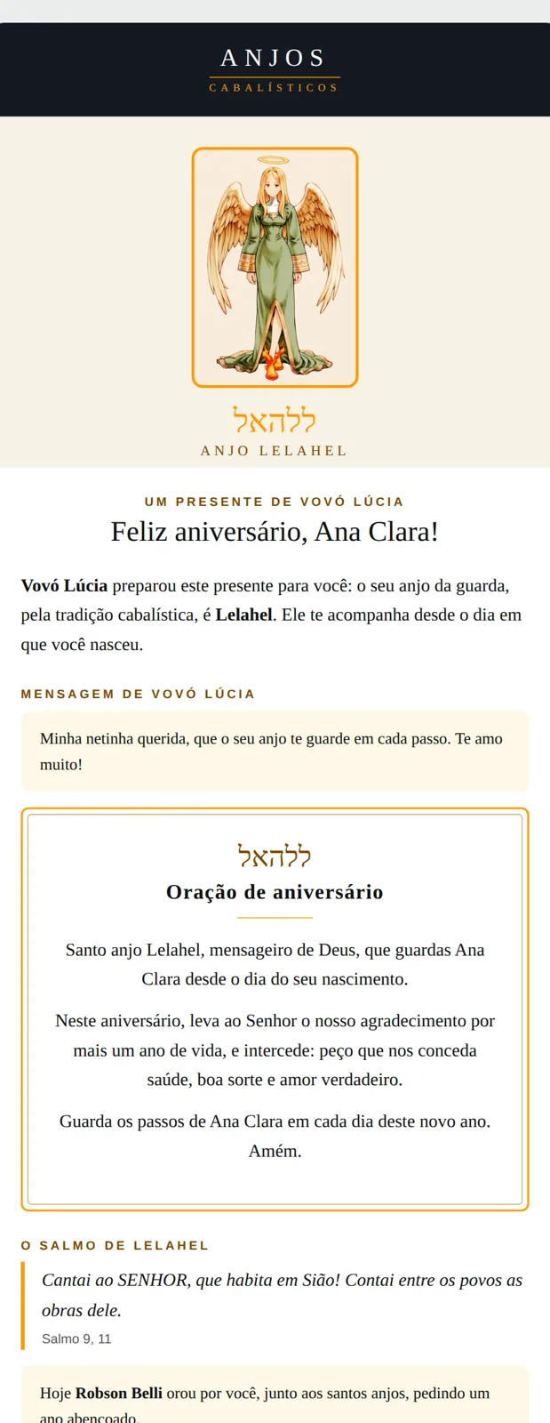 Exemplo do Cartão do Anjo como chega no e-mail: Feliz aniversário, Ana Clara! Um presente de Vovó Lúcia