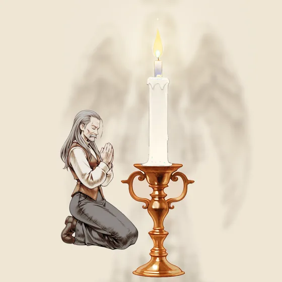 Vela branca acesa num castiçal, uma pessoa orando e o anjo Aladiah ao fundo