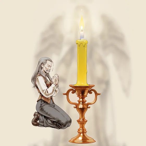 Vela amarela acesa num castiçal, uma pessoa orando e o anjo Ariel ao fundo