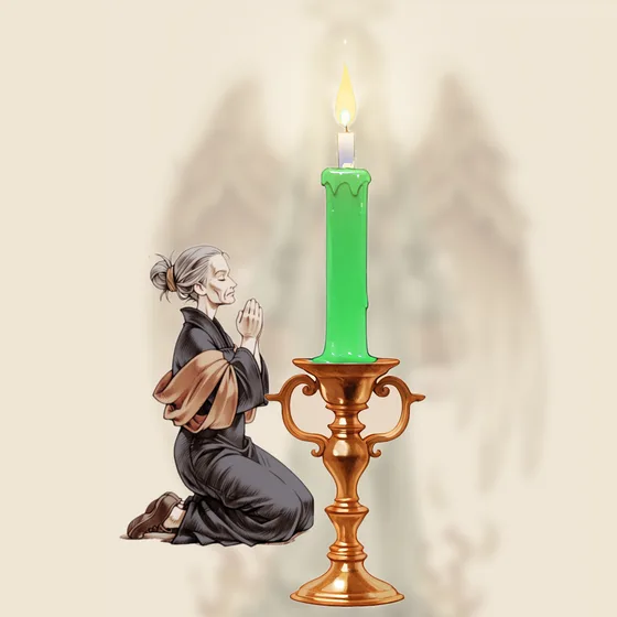 Vela verde acesa num castiçal, uma pessoa orando e o anjo Asaliah ao fundo
