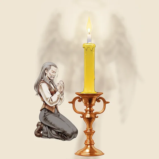 Vela amarela acesa num castiçal, uma pessoa orando e o anjo Caliel ao fundo