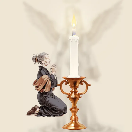Vela branca acesa num castiçal, uma pessoa orando e o anjo Damabiah ao fundo