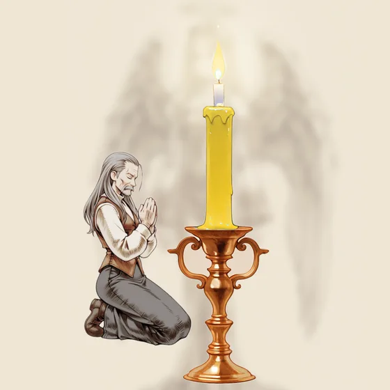 Vela amarela acesa num castiçal, uma pessoa orando e o anjo Elemiah ao fundo