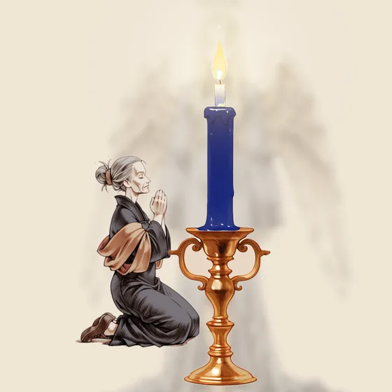 Vela azul-escura acesa num castiçal, uma pessoa orando e o anjo Eyael ao fundo