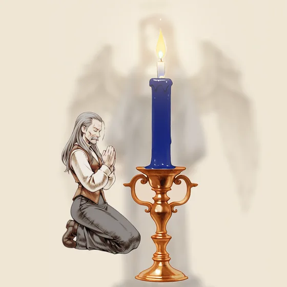 Vela azul-escura acesa num castiçal, uma pessoa orando e o anjo Haaiah ao fundo