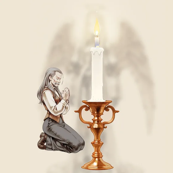 Vela branca acesa num castiçal, uma pessoa orando e o anjo Haamiah ao fundo