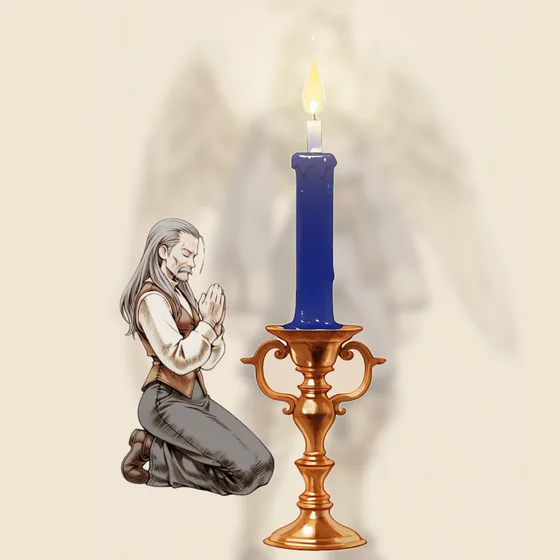Vela azul-escura acesa num castiçal, uma pessoa orando e o anjo Habuhiah ao fundo