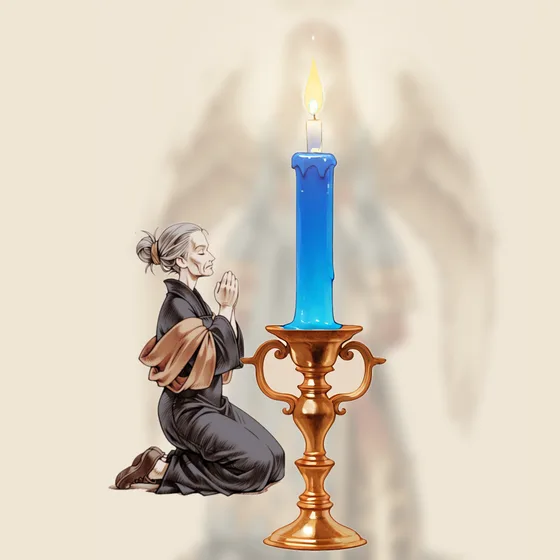 Vela azul acesa num castiçal, uma pessoa orando e o anjo Hahahel ao fundo