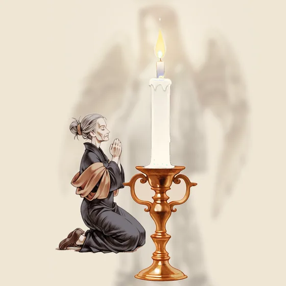 Vela branca acesa num castiçal, uma pessoa orando e o anjo Hahasiah ao fundo