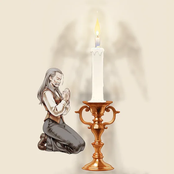 Vela branca acesa num castiçal, uma pessoa orando e o anjo Haheuiah ao fundo