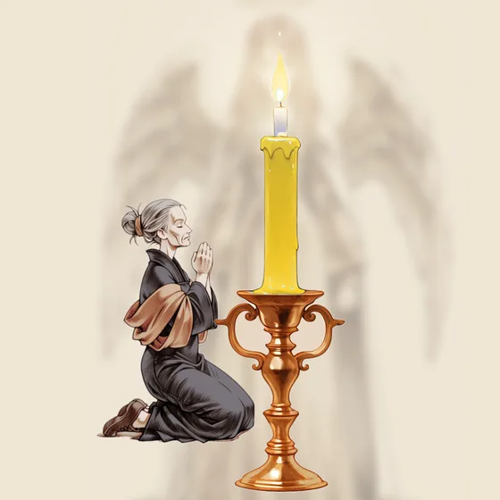 Vela amarela acesa num castiçal, uma pessoa orando e o anjo Harael ao fundo