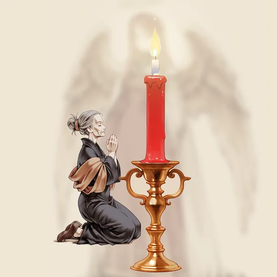 Vela vermelha acesa num castiçal, uma pessoa orando e o anjo Hariel ao fundo