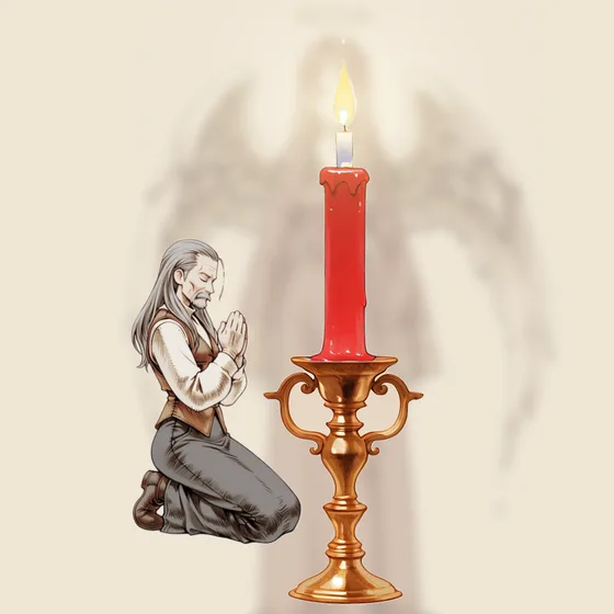 Vela vermelha acesa num castiçal, uma pessoa orando e o anjo Hekamiah ao fundo