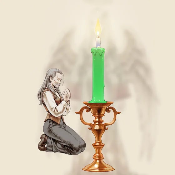 Vela verde acesa num castiçal, uma pessoa orando e o anjo Iah-Hel ao fundo