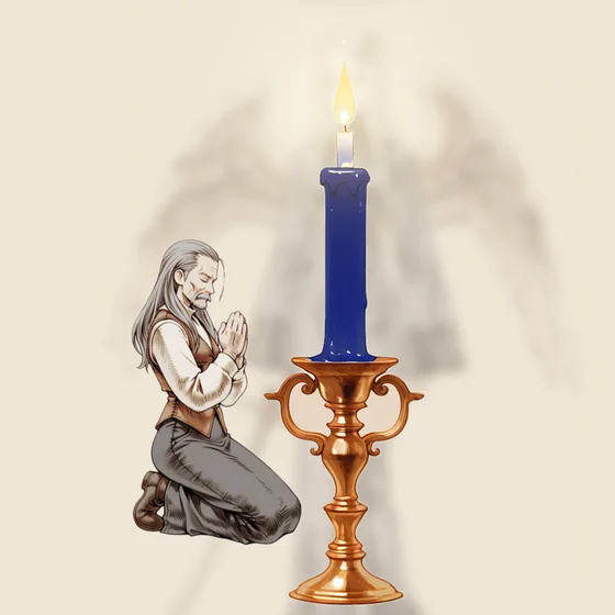 Vela azul-escura acesa num castiçal, uma pessoa orando e o anjo Ieiazel ao fundo