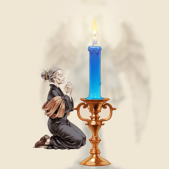 Vela azul acesa num castiçal, uma pessoa orando e o anjo Iezalel ao fundo