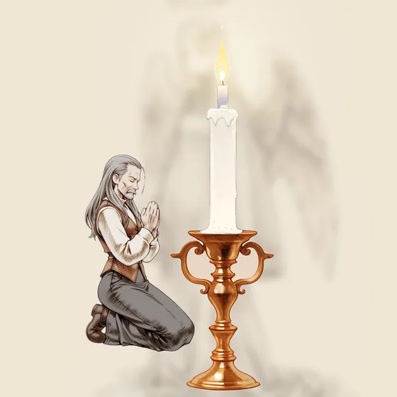 Vela branca acesa num castiçal, uma pessoa orando e o anjo Imamaiah ao fundo
