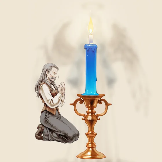 Vela azul acesa num castiçal, uma pessoa orando e o anjo Jabamiah ao fundo