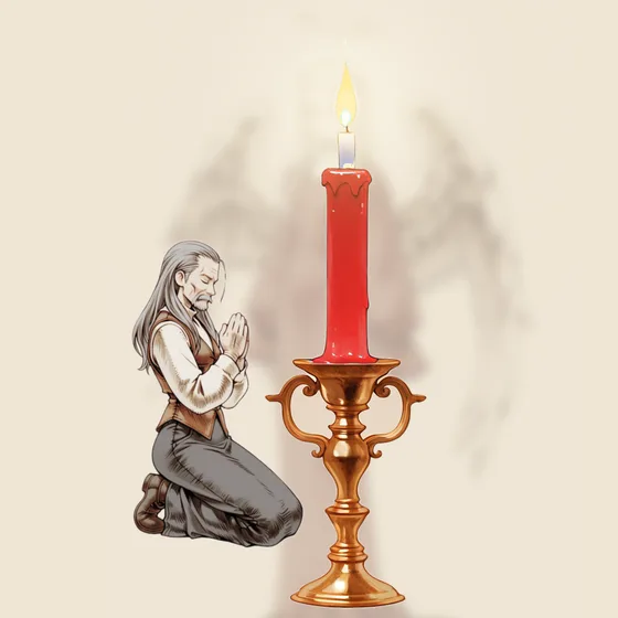 Vela vermelha acesa num castiçal, uma pessoa orando e o anjo Jeliel ao fundo