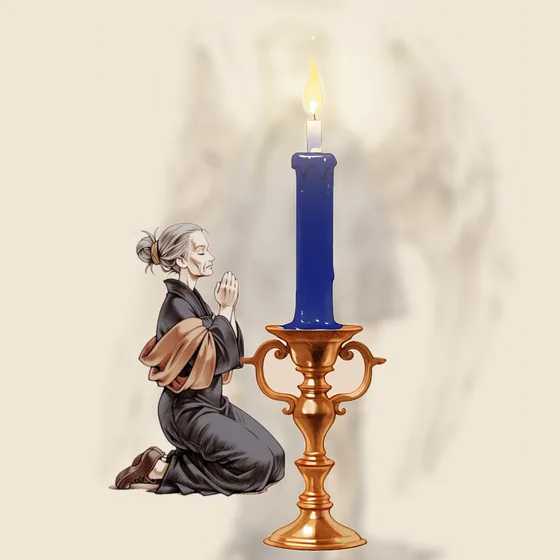 Vela azul-escura acesa num castiçal, uma pessoa orando e o anjo Lauviah ao fundo