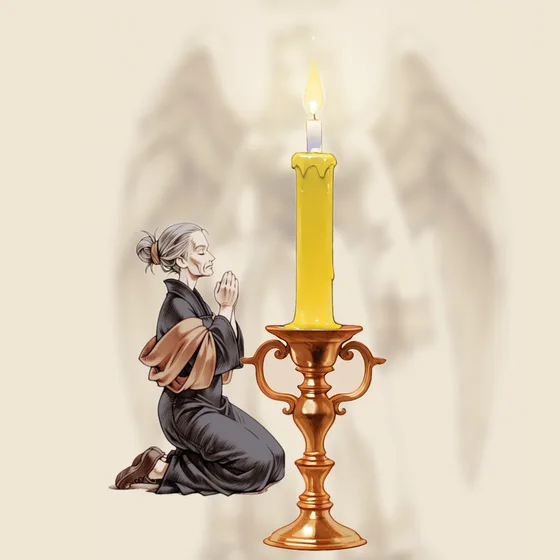 Vela amarela acesa num castiçal, uma pessoa orando e o anjo Lecabel ao fundo