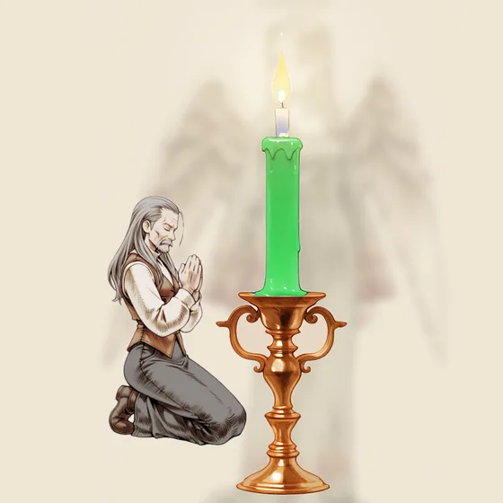 Vela verde acesa num castiçal, uma pessoa orando e o anjo Lehahiah ao fundo