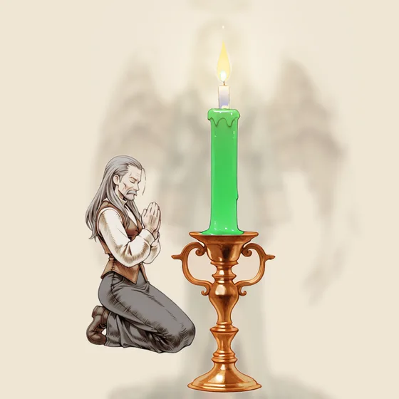 Vela verde acesa num castiçal, uma pessoa orando e o anjo Lelahel ao fundo