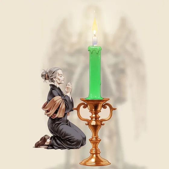 Vela verde acesa num castiçal, uma pessoa orando e o anjo Leuviah ao fundo
