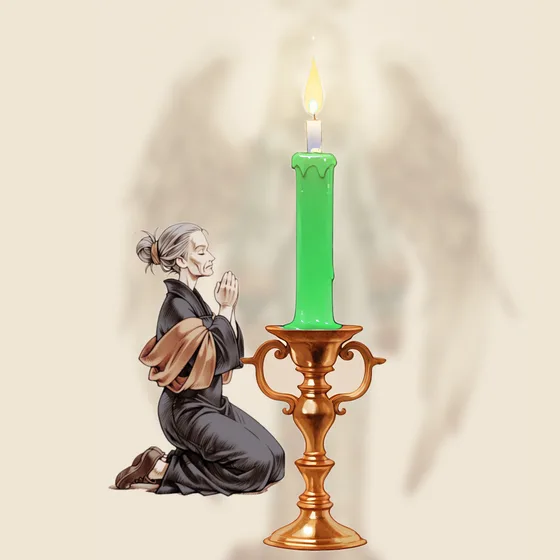 Vela verde acesa num castiçal, uma pessoa orando e o anjo Mahasiah ao fundo