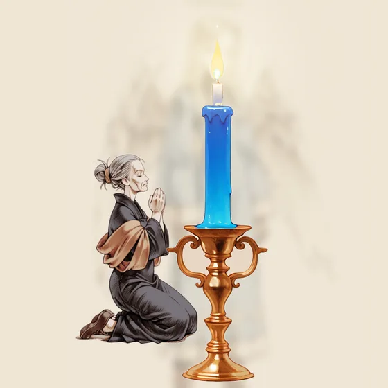 Vela azul acesa num castiçal, uma pessoa orando e o anjo Mebahiah ao fundo