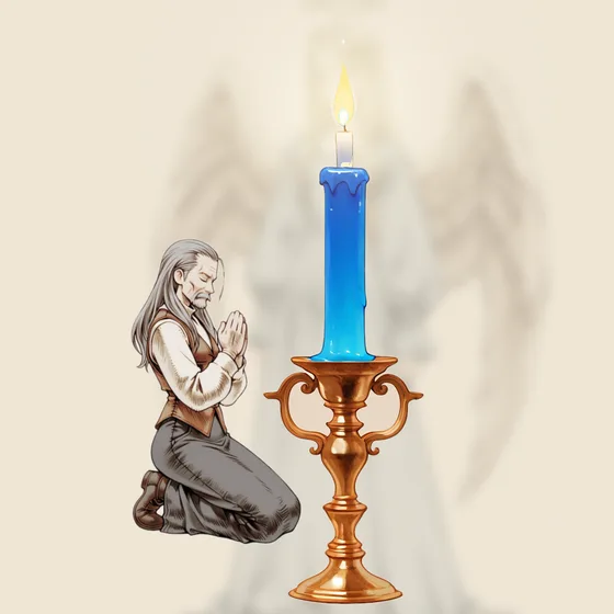 Vela azul acesa num castiçal, uma pessoa orando e o anjo Mikael ao fundo