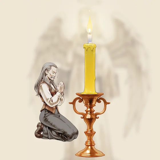 Vela amarela acesa num castiçal, uma pessoa orando e o anjo Mitzrael ao fundo