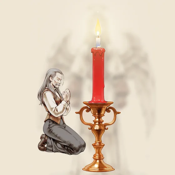 Vela vermelha acesa num castiçal, uma pessoa orando e o anjo Mumiah ao fundo