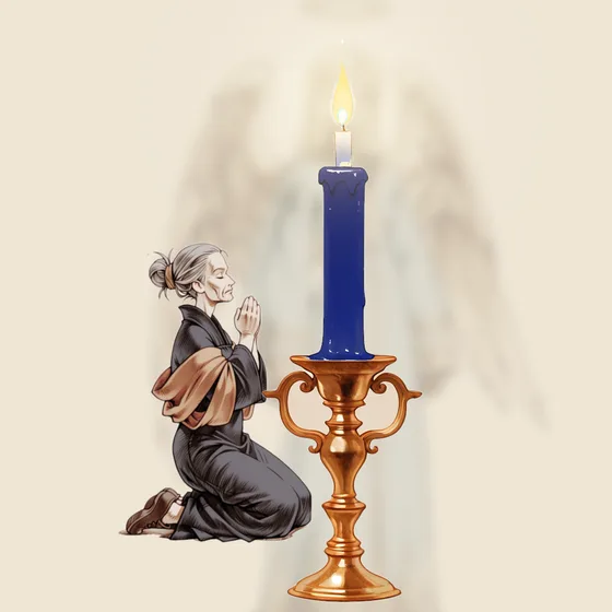 Vela azul-escura acesa num castiçal, uma pessoa orando e o anjo Nanael ao fundo