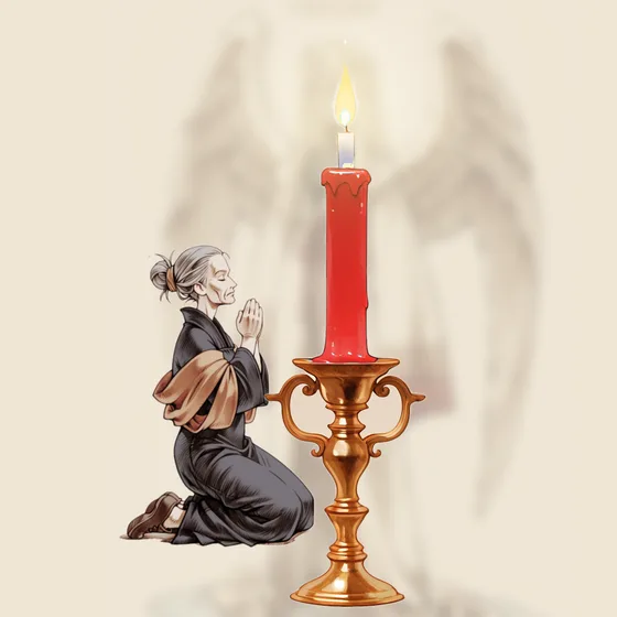 Vela vermelha acesa num castiçal, uma pessoa orando e o anjo Nemamiah ao fundo