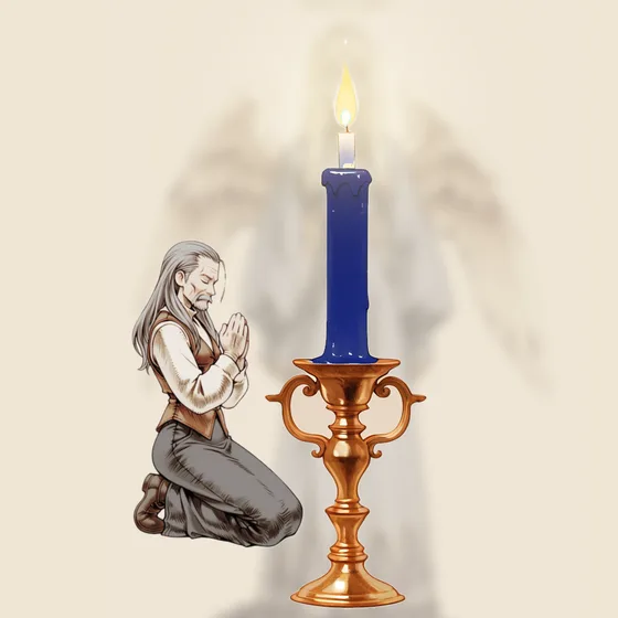 Vela azul-escura acesa num castiçal, uma pessoa orando e o anjo Nithael ao fundo