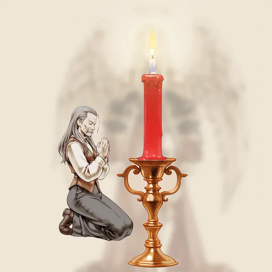 Vela vermelha acesa num castiçal, uma pessoa orando e o anjo Omael ao fundo