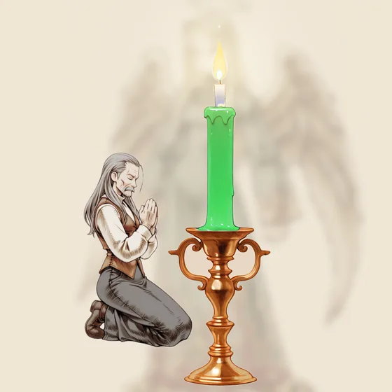 Vela verde acesa num castiçal, uma pessoa orando e o anjo Pahaliah ao fundo