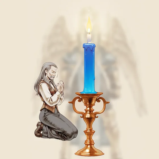 Vela azul acesa num castiçal, uma pessoa orando e o anjo Poyel ao fundo
