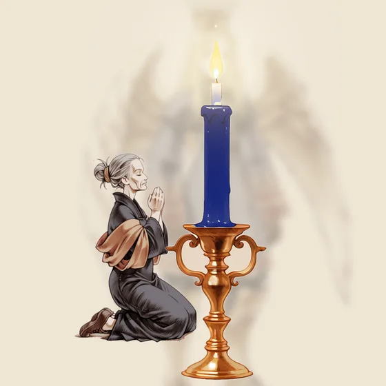Vela azul-escura acesa num castiçal, uma pessoa orando e o anjo Rehael ao fundo