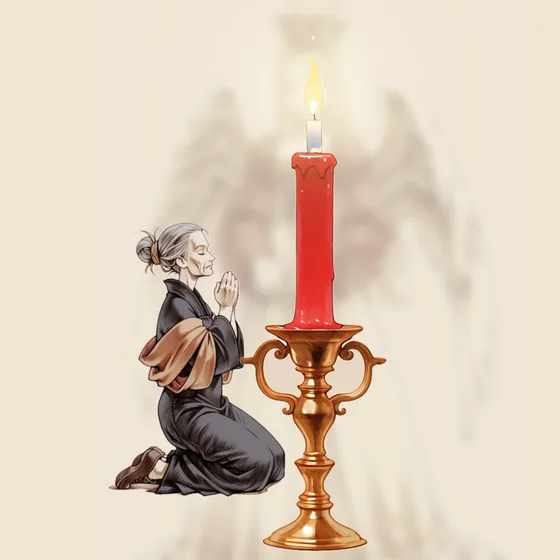 Vela vermelha acesa num castiçal, uma pessoa orando e o anjo Reiyel ao fundo