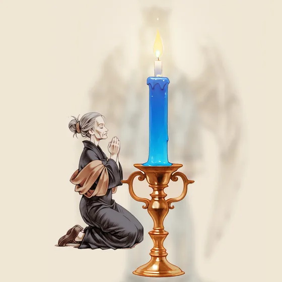 Vela azul acesa num castiçal, uma pessoa orando e o anjo Rochel ao fundo