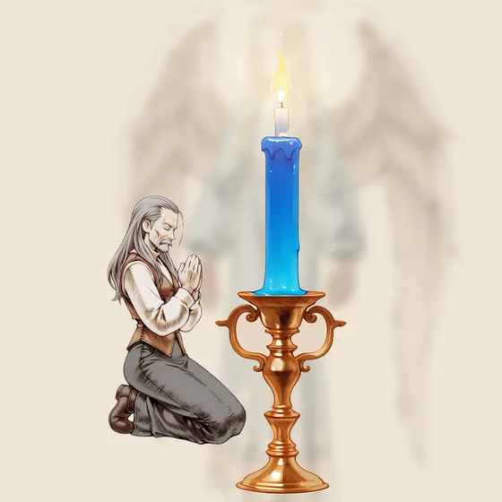 Vela azul acesa num castiçal, uma pessoa orando e o anjo Seheiah ao fundo