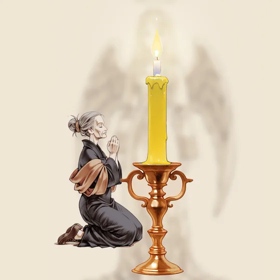 Vela amarela acesa num castiçal, uma pessoa orando e o anjo Sitael ao fundo