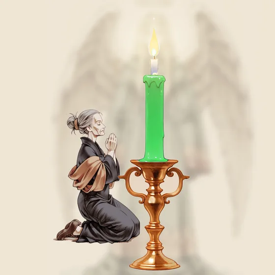 Vela verde acesa num castiçal, uma pessoa orando e o anjo Umabel ao fundo