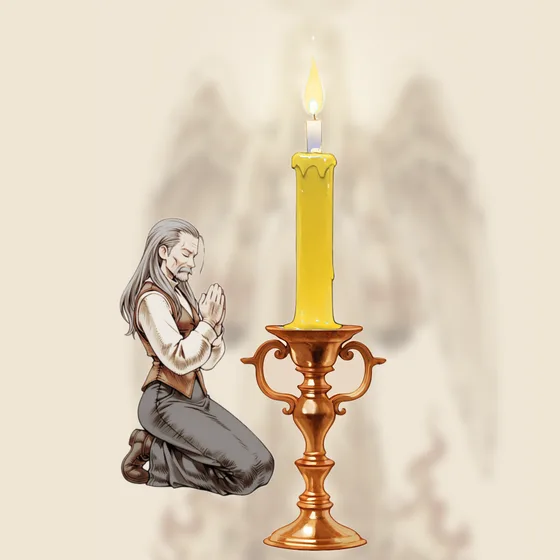 Vela amarela acesa num castiçal, uma pessoa orando e o anjo Vasariah ao fundo