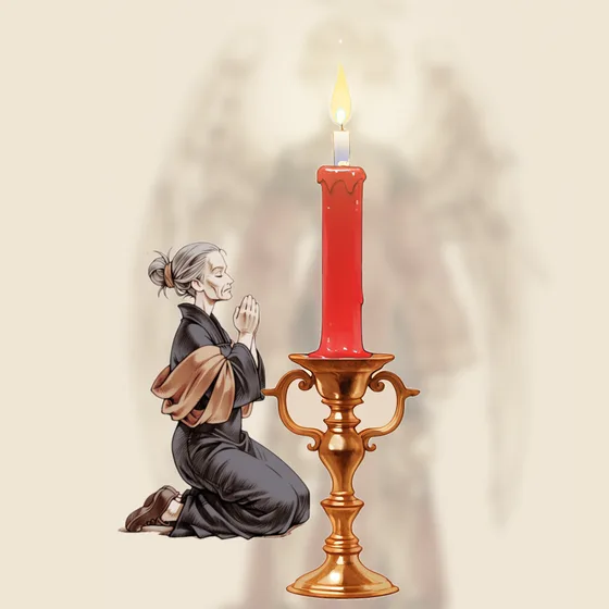Vela vermelha acesa num castiçal, uma pessoa orando e o anjo Vehuiah ao fundo