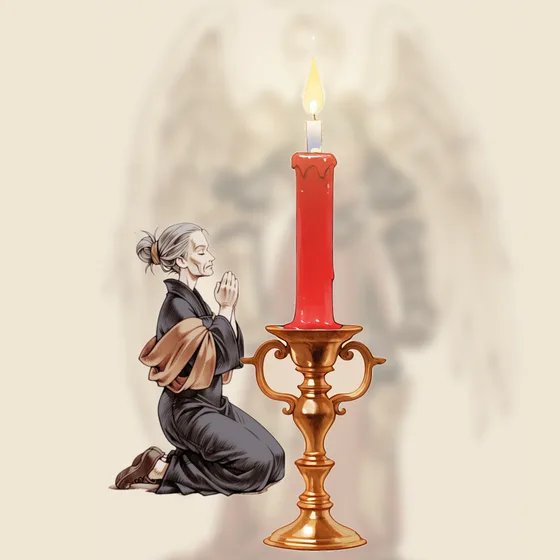 Vela vermelha acesa num castiçal, uma pessoa orando e o anjo Veuliah ao fundo