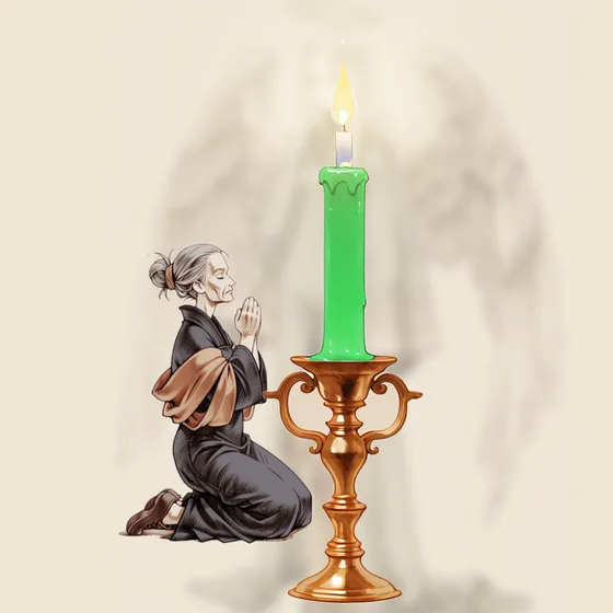 Vela verde acesa num castiçal, uma pessoa orando e o anjo Yehuiah ao fundo