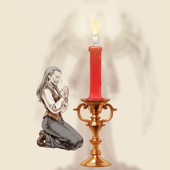 Vela vermelha acesa num castiçal, uma pessoa orando e o anjo Yeialel ao fundo